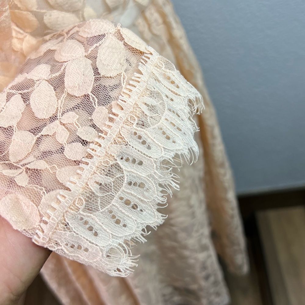 Free People Floral Mesh Lace Peach Lined Long Sleeve High Low Mini Dress Sz S - Picture 11 of 15